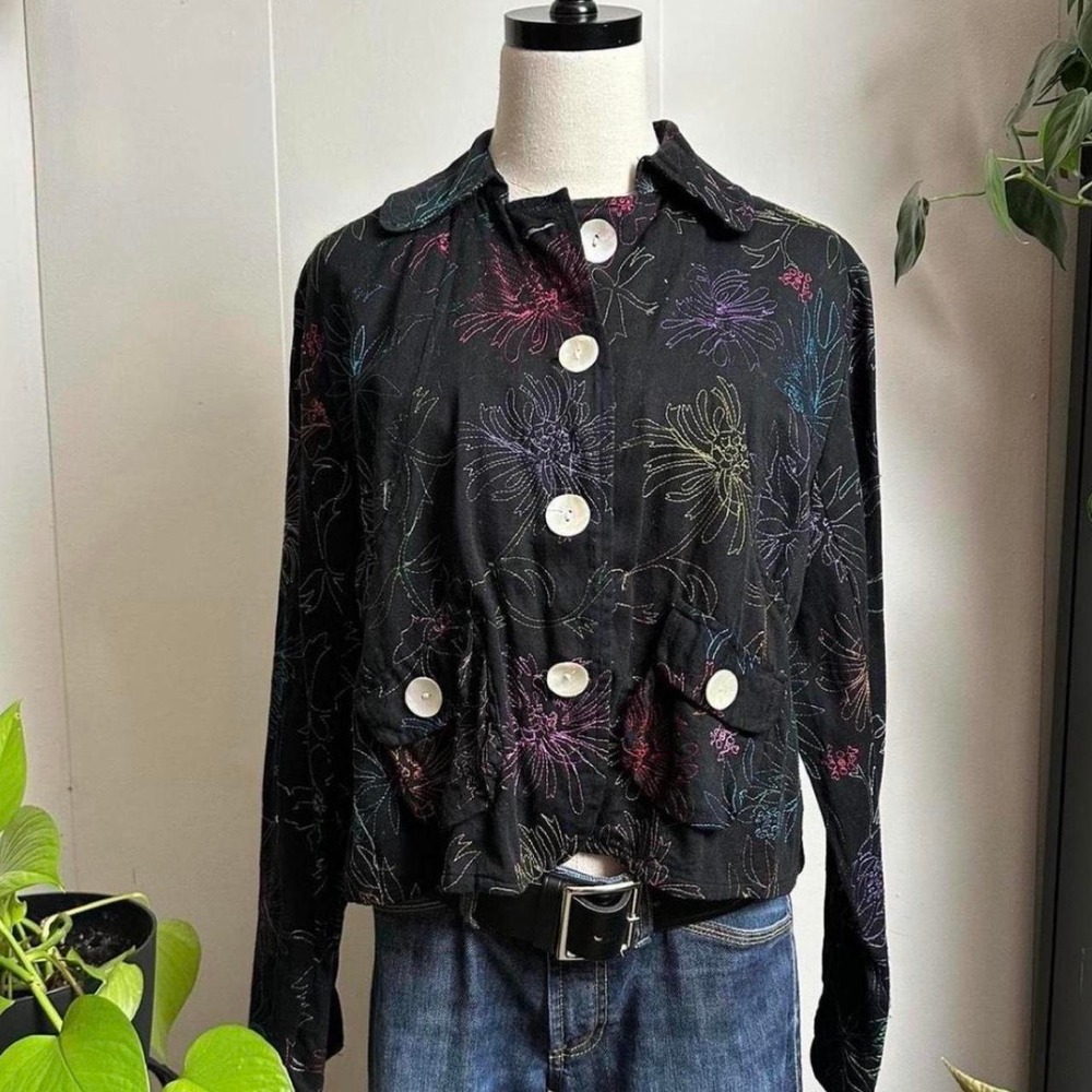 Vintage Alex Kim Black Floral Embroidered Cropped Jacket Shell Buttons PXL